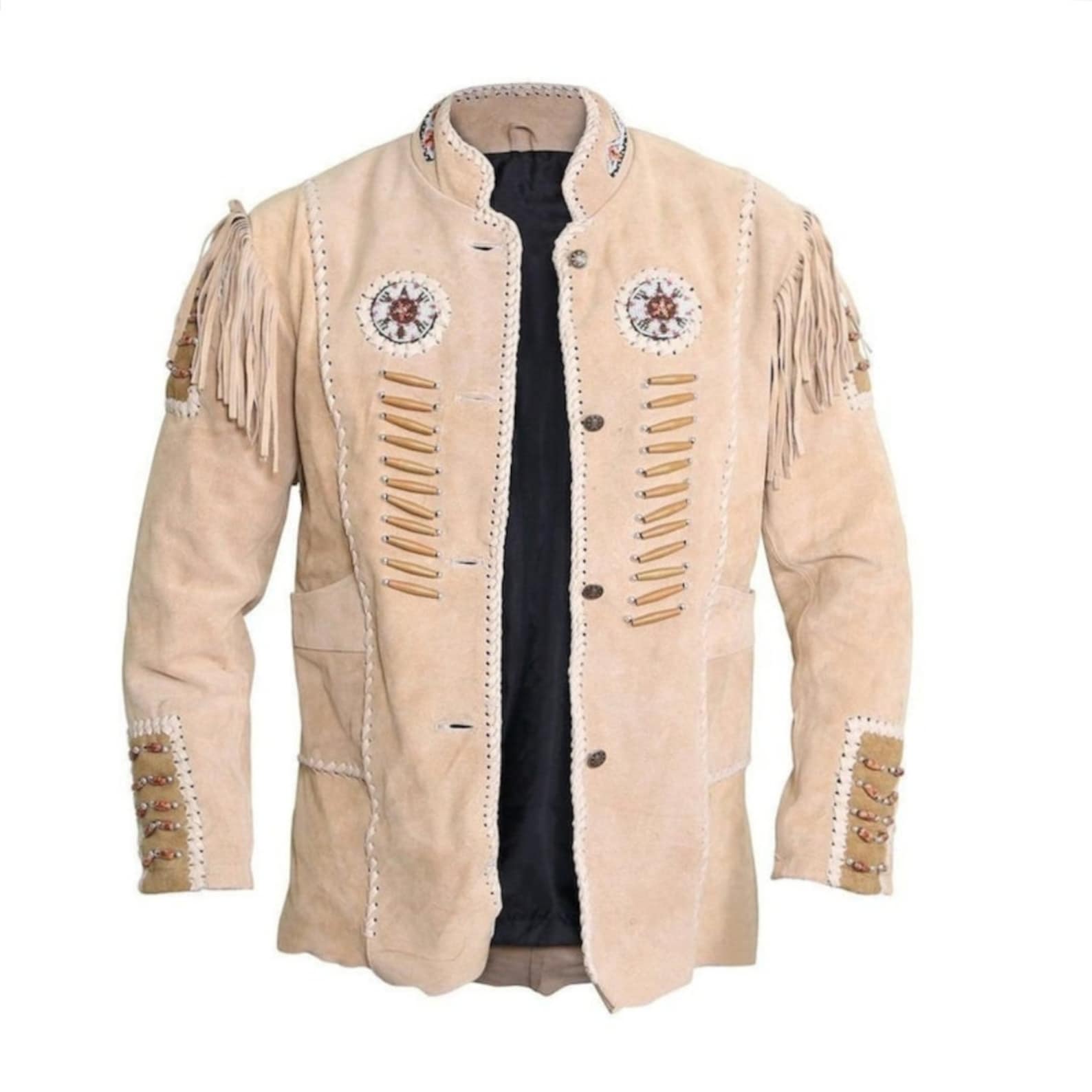 Men's native American Handmade Suede Leather Jacket Western Jacket With Fringes Eagle Beige Mountain Buckskin Leather Jacket Coat - LEATHER CHAPTER