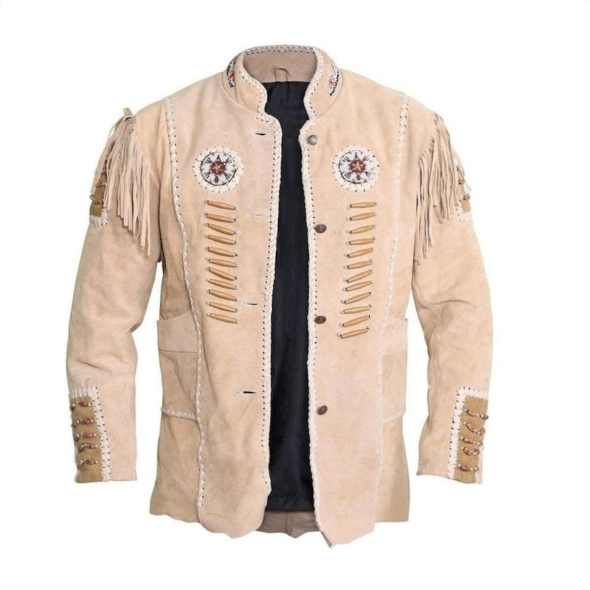 Men's native American Handmade Suede Leather Jacket Western Jacket With Fringes Eagle Beige Mountain Buckskin Leather Jacket Coat - LEATHER CHAPTER