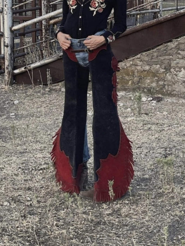 Handmade Cowgirl Chap Buck Skin Suede Black Leather Pant Rodeo Chap Western Leather Chap Suede Gifts For Her , Gifts For Women - LEATHER CHAPTER
