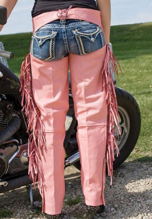 Handmade Leather Biker Fringes Style Pant Chap Western Motorbike Rider Pink Leather Chap Rodeo Chap Cowboy Riding Western Chap Gifts For Her - LEATHER CHAPTER