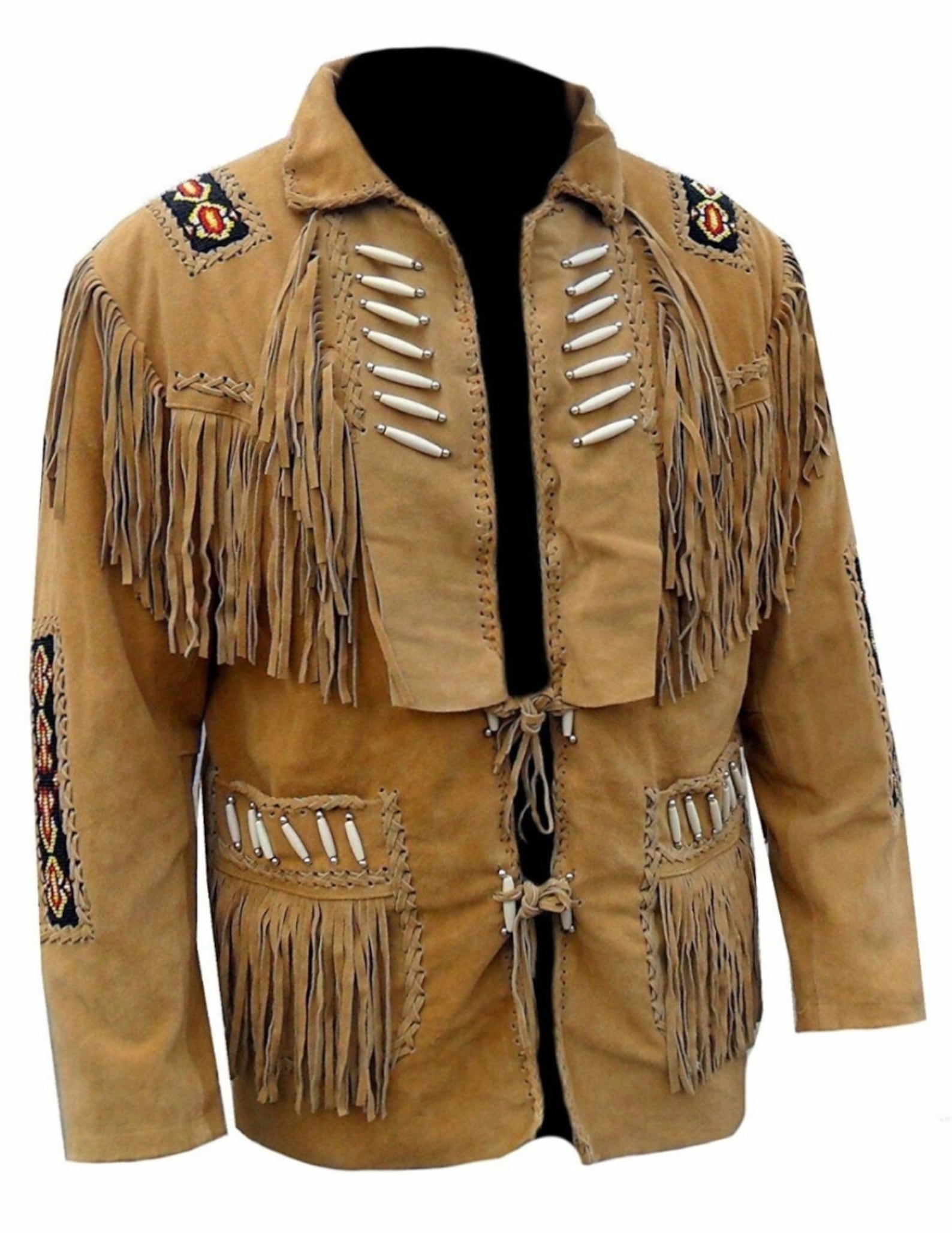 Men Traditional Handmade Native Indian American Western Cowboy Leather Jacket Coat With Fringes and Beads - LEATHER CHAPTER