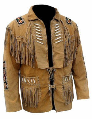Men Traditional Handmade Native Indian American Western Cowboy Leather Jacket Coat With Fringes and Beads - LEATHER CHAPTER