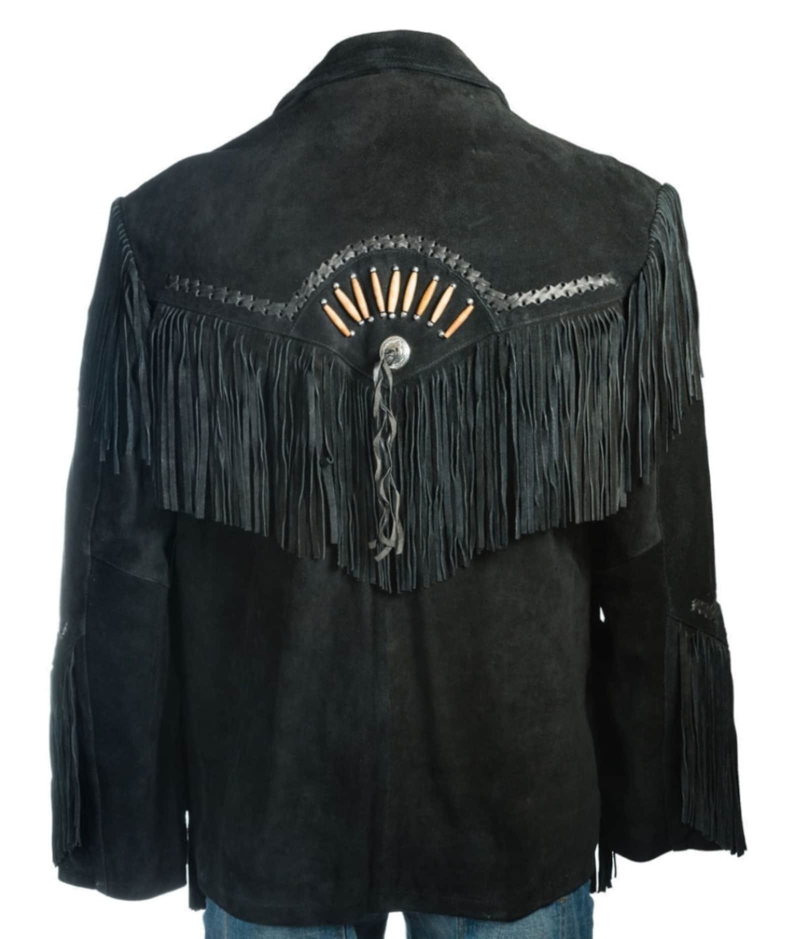 Men Traditional Handmade Native American Western Cowboy Leather Jacket Coat With Fringes and Bones , Gifts For Him , Gifts For Men - LEATHER CHAPTER
