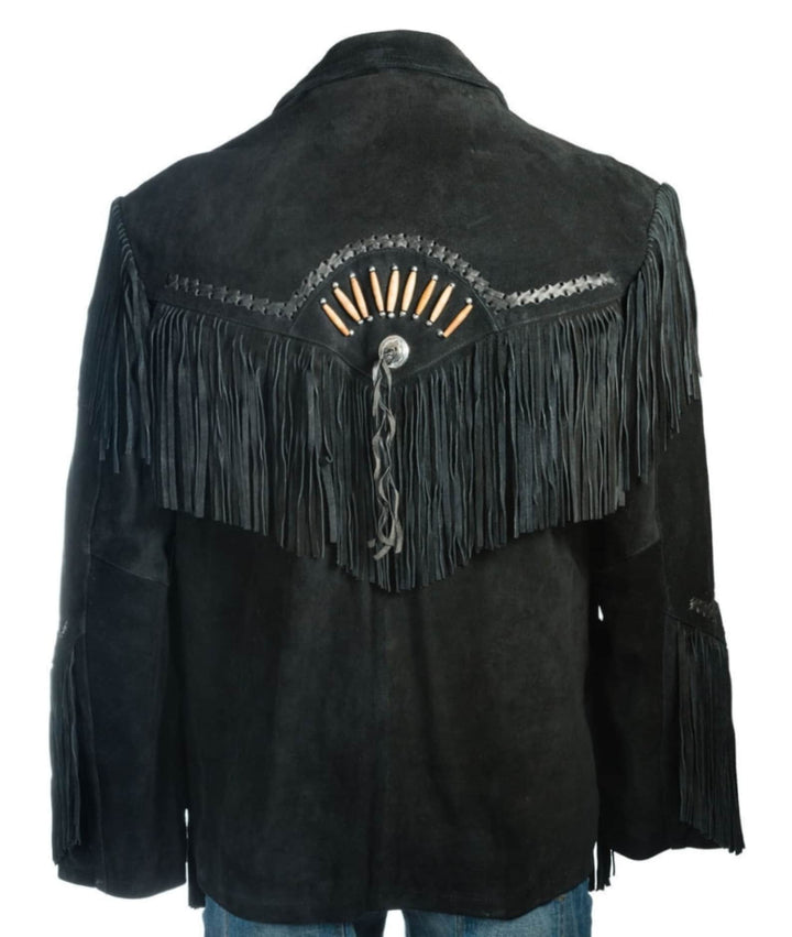 Men Traditional Handmade Native American Western Cowboy Leather Jacket Coat With Fringes and Bones , Gifts For Him , Gifts For Men - LEATHER CHAPTER