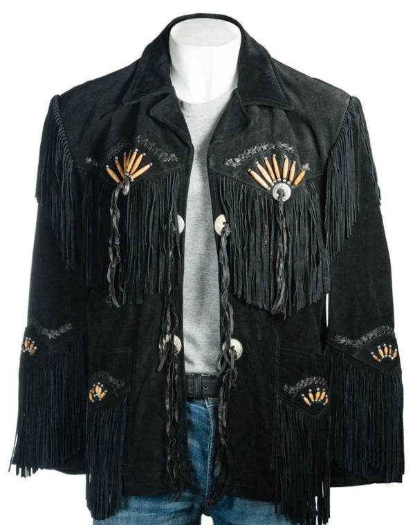 Men Traditional Handmade Native American Western Cowboy Leather Jacket Coat With Fringes and Bones , Gifts For Him , Gifts For Men - LEATHER CHAPTER