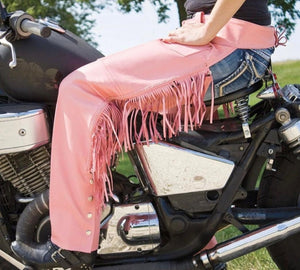 Handmade Leather Biker Fringes Style Pant Chap Western Motorbike Rider Pink Leather Chap Rodeo Chap Cowboy Riding Western Chap Gifts For Her - LEATHER CHAPTER
