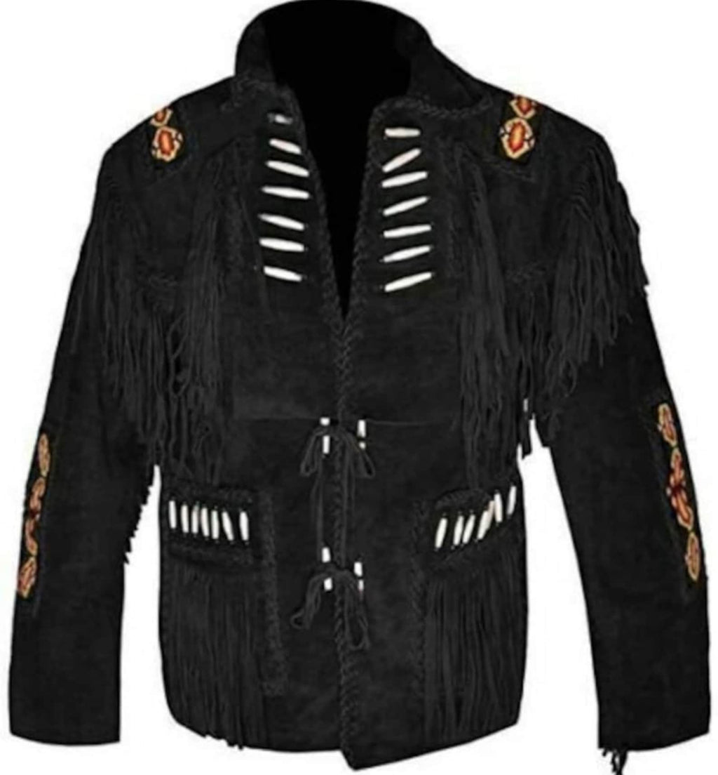 Men Traditional Handmade Native Indian American Western Cowboy Leather Jacket Coat With Fringes and Beads - LEATHER CHAPTER