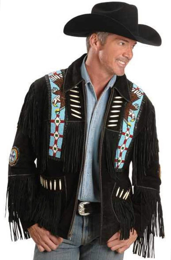 Black Suede Handmade Braided Beads Crafted Men's Western Jacket - Black Leather Men Jacket Cowboy Leather Jacket , Gifts For Men - LEATHER CHAPTER