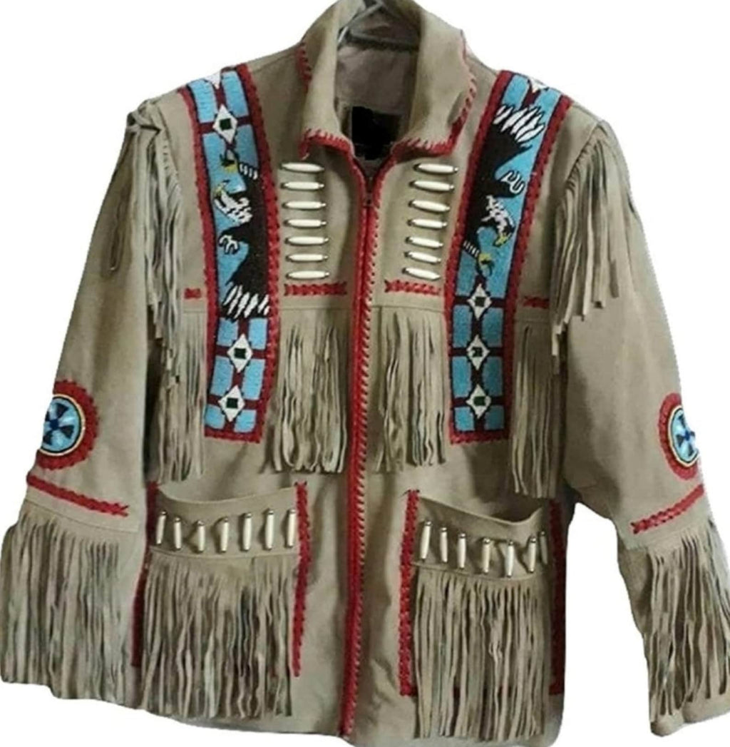 Men Traditional Beige Suede Handmade Braided Beads Crafted Men's Western Jacket - Beige Leather Jacket Cowboy Leather Jacket , Gifts For Men - LEATHER CHAPTER