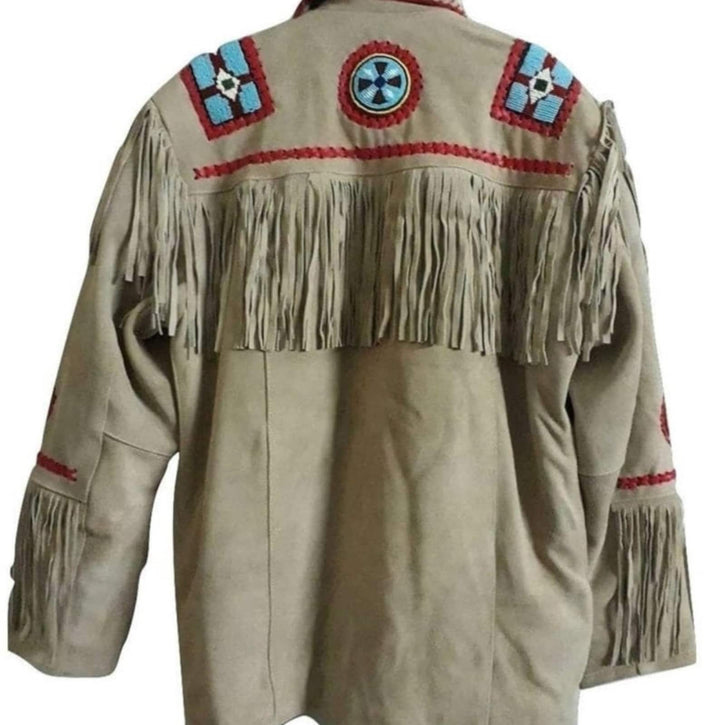 Men Traditional Beige Suede Handmade Braided Beads Crafted Men's Western Jacket - Beige Leather Jacket Cowboy Leather Jacket , Gifts For Men - LEATHER CHAPTER