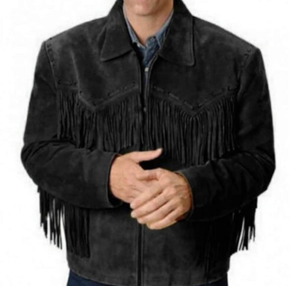Western Wear Leather Jacket Men's Traditional Native Black Classic Suede Leather Western jacket - Native Vintage Apparel Countries Wear - LEATHER CHAPTER