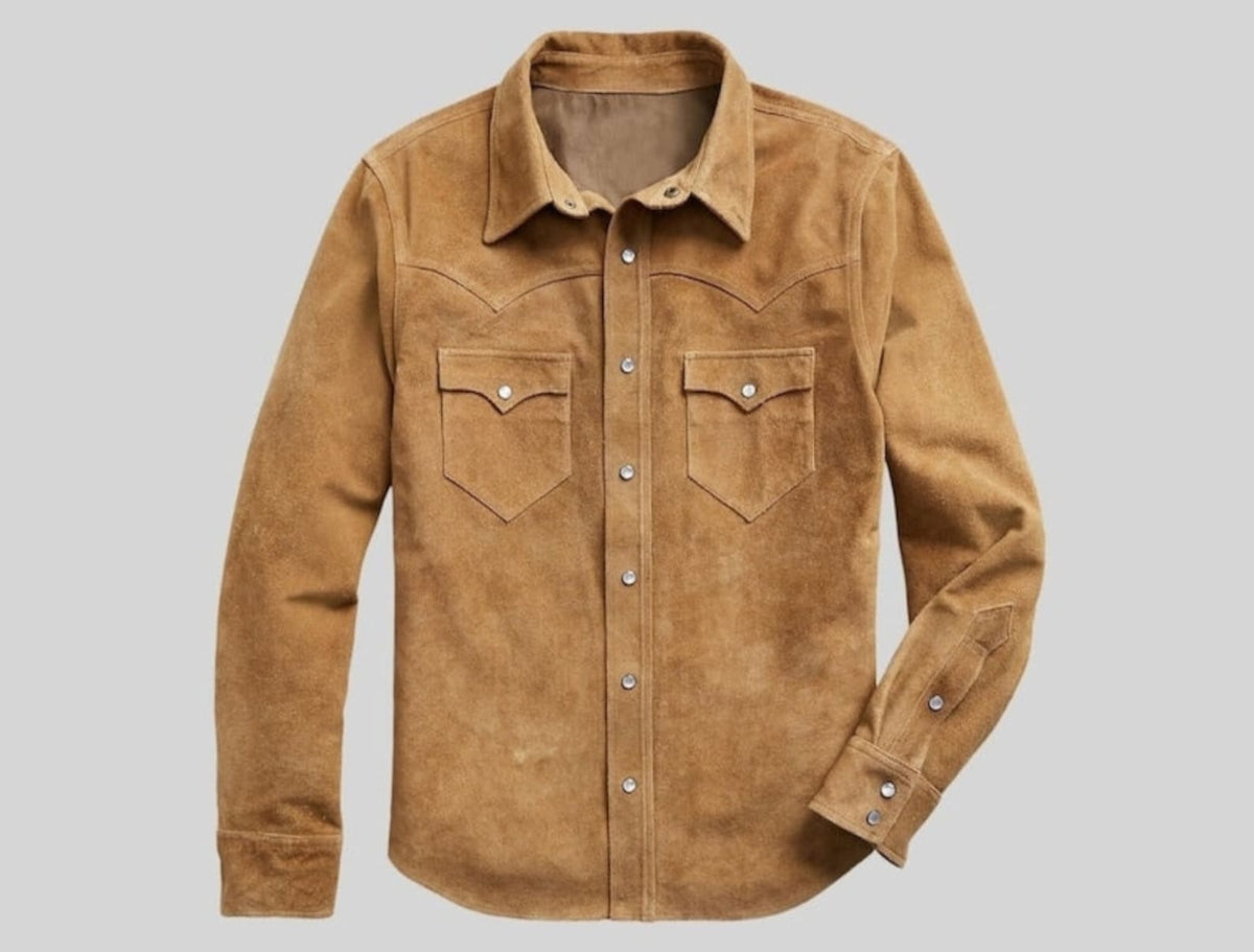 Men Suede Trucker Jacket Vintage Apparel Real Suede Leather Scully Western Shirt Tan Trucker Cowboy Shirt , Gifts For Him Gifts For Men - LEATHER CHAPTER