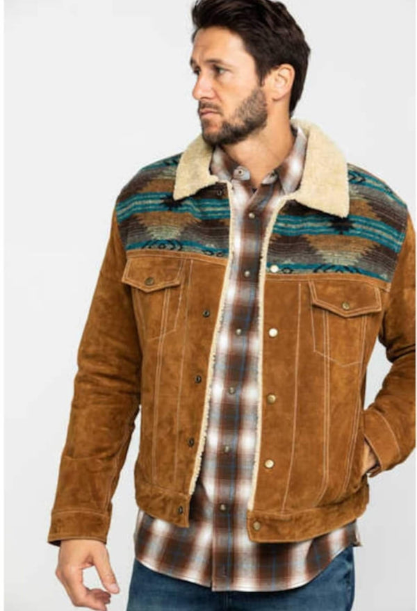 Traditional Men Western Jacket Men Western Fur Jean Jacket - Aztec Trim Suede Jacket - Brown Rode Countryside Fashion Jacket , Gifts For Him - LEATHER CHAPTER