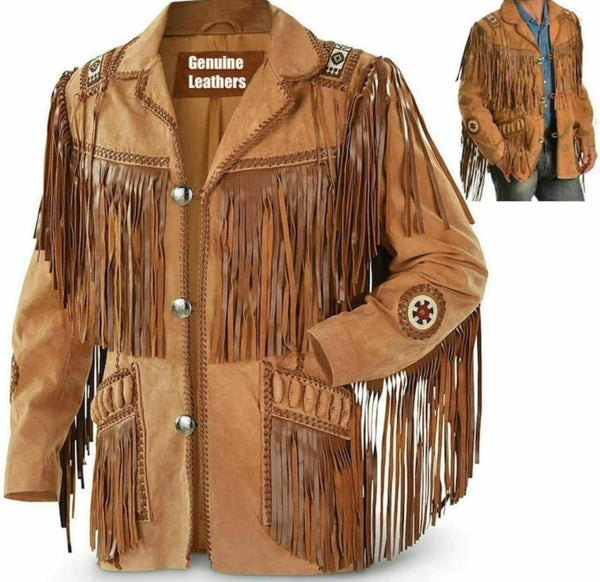 Brown Suede Handmade Braided Beads Crafted Men's Western Vintage Jacket - Tan Brown Leather Jacket Cowboy Leather Jacket , Gifts For Men - LEATHER CHAPTER