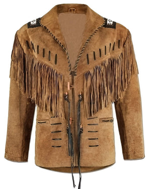 Men's Traditional Western Cowboy Leather Jacket Coat With Fringes And Beads - Brown Leather Jacket Vintage Apparel - Hunter Leather Jacket - LEATHER CHAPTER