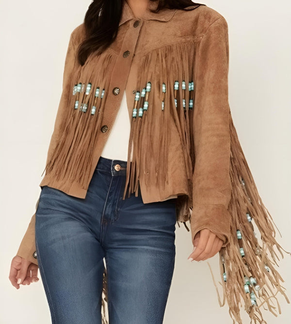 Fringe Suede Women's Jacket , Beaded Fringes Western Vintage Jacket Ladies Leather Jacket, Genuine Suede Leather, Western Jacket, Gifts - LEATHER CHAPTER