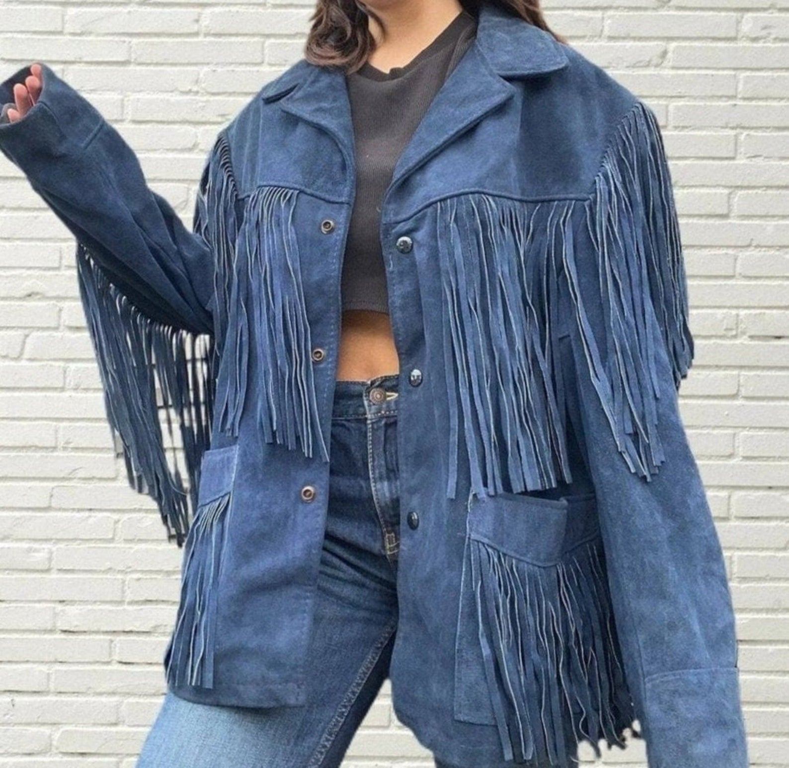 Fringe Suede Women's Jacket, Fringe Western Vintage Jacket Ladies Leather Jacket, Genuine Suede Leather,Blue Western Jacket, Gifts For Women - LEATHER CHAPTER