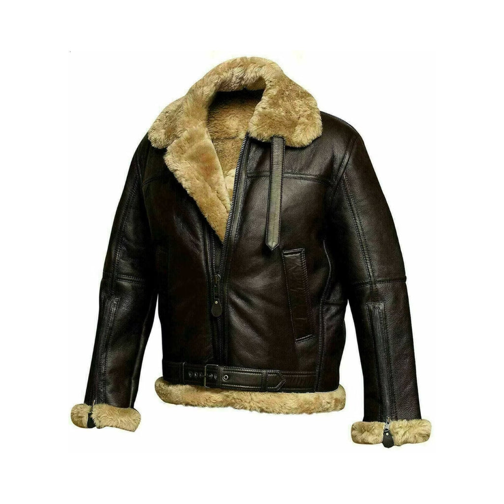 Men's New Real Leather Aviator Bomber Jacket RAF Aviator Genuine Leather Shearling Handmade Flight Fur Brown & Gray Bomber Jacket - LEATHER CHAPTER