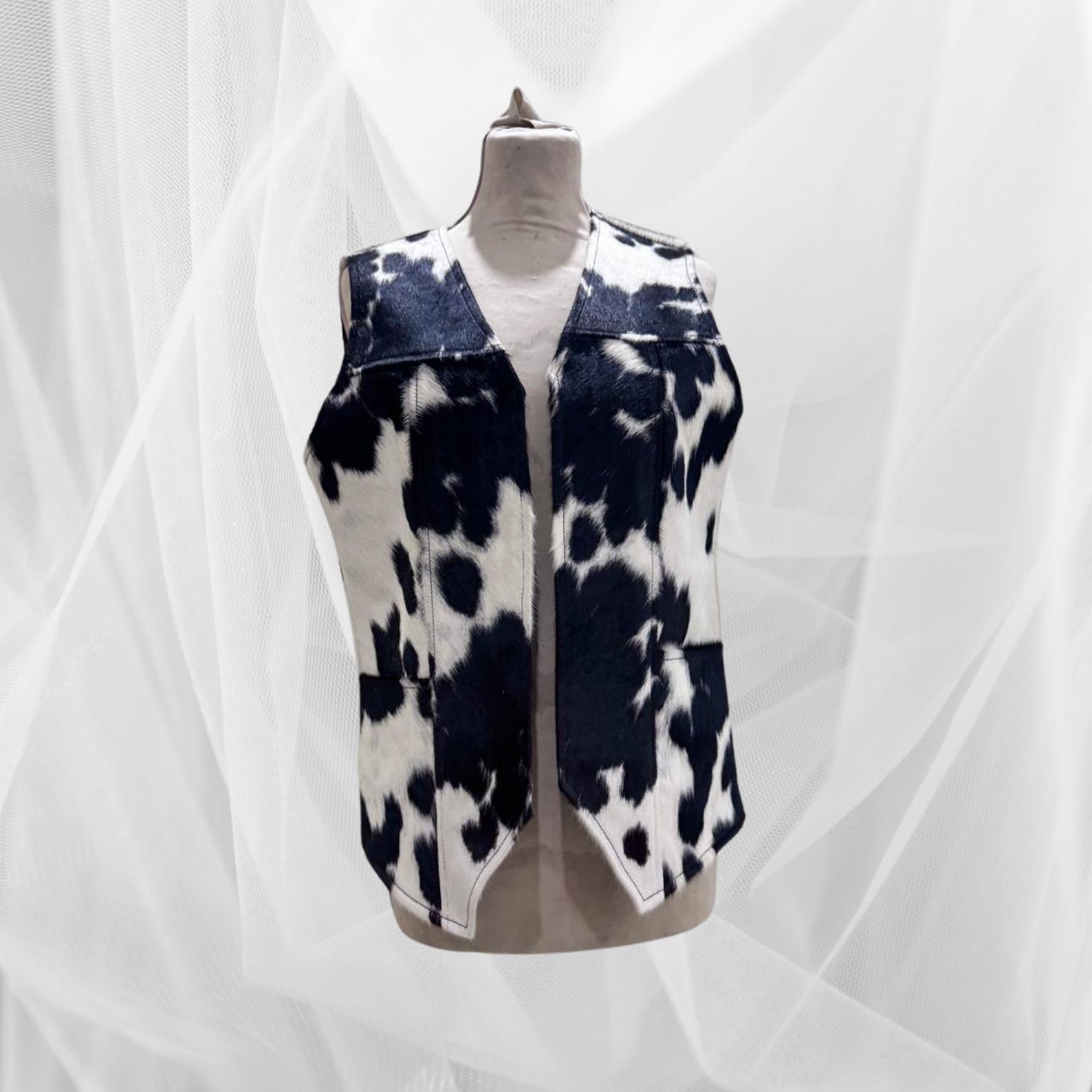 Cowhide hair on hide Leather Vest for Men, Black and White Leather Vest , Handmade Cow Skin Western Style Vest - LEATHER CHAPTER