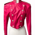 Red Cropped Leather Jacket: Rhinestone Studded Military Biker Coat