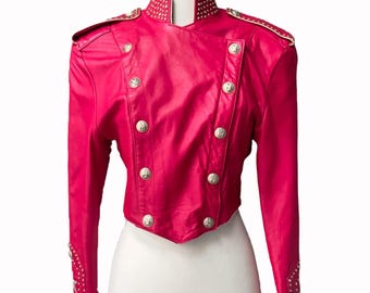Red Cropped Leather Jacket: Rhinestone Studded Military Biker Coat