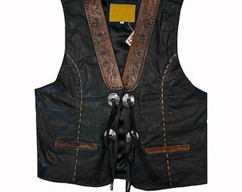 Tooled Leather Western Vest: Cowboy Biker Rodeo Concho Waistcoat