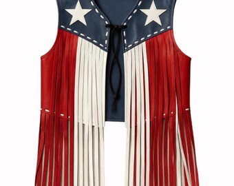 Handmade American Flag Leather Fringe Vest: Western Rodeo Biker Outfit