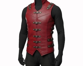 Handmade Red Leather Buckle Vest: Steampunk Biker Gothic Waistcoat