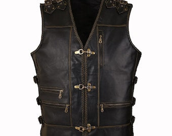 Handmade Cowhide Leather Biker Vest: Steampunk Motorcycle Waistcoat