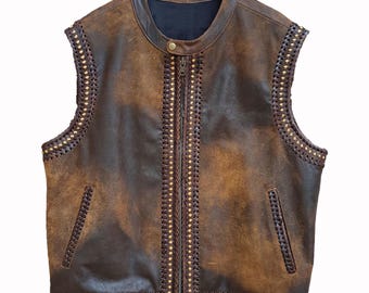 Handmade Distressed Leather Biker Vest: Braided Cowhide Motorcycle Vest