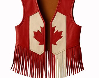 Canadian Flag Leather Fringe Vest: Unisex Western Rodeo Outfit