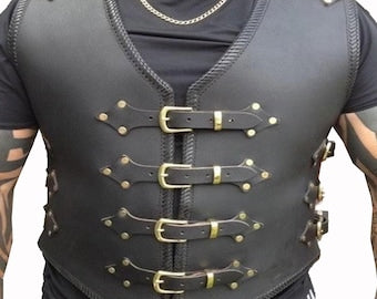 Handmade Black Leather Biker Vest: Braided Punk Motorcycle Armor