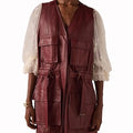 Burgundy Leather Utility Vest, Oversized Sleeveless Biker Jacket, Streetwear Waistcoat