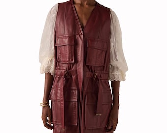 Burgundy Leather Utility Vest, Oversized Sleeveless Biker Jacket, Streetwear Waistcoat