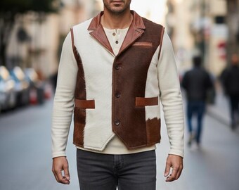 Men’s Cowhide Leather Vest  Brown & White HairOn Hide Western Style Vest