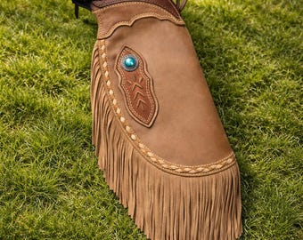 Mens Brown Leather Western Chaps Fringe Cowboy Rodeo Riding Western Outfit