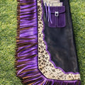 Black Leather Biker Chaps with Purple Fringe Western Motorcycle Riding Gear