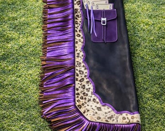 Black Leather Biker Chaps with Purple Fringe Western Motorcycle Riding Gear