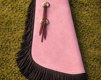 Men's Pink Leather Cowboy Chaps Western Fringe Rodeo Riding Gear Outfit