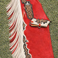 Mens Red Tooled Leather Chaps Western Cowboy Fringe Rodeo Riding Gear