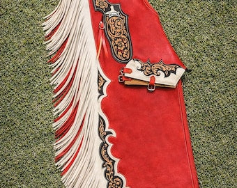Mens Red Tooled Leather Chaps Western Cowboy Fringe Rodeo Riding Gear