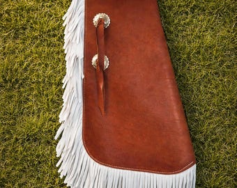 Mens Brown Leather Cowboy Chaps Western Fringe Rodeo Riding Gear Outfit