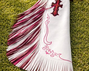 Unisex White Genuine Leather Chaps Western Cowboy Fringe Rodeo Riding Gear