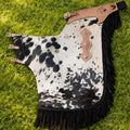 Mens Black White Cowhide Leather Chaps Western Cowboy Rodeo Riding Gear