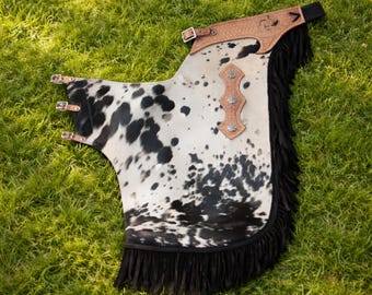 Mens Black White Cowhide Leather Chaps Western Cowboy Rodeo Riding Gear