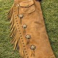 Mens Brown Suede Leather Chaps Western Fringe Rodeo Motorcycle Riding Gear