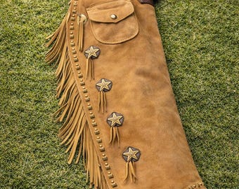 Mens Brown Suede Leather Chaps Western Fringe Rodeo Motorcycle Riding Gear