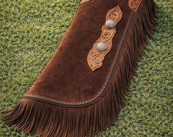 Mens Brown Suede Leather Chaps Western Tooled Fringe Rodeo Riding Gear