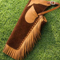 Western Suede Leather Chaps Brown Fringe Cowboy Riding Biker Gear
