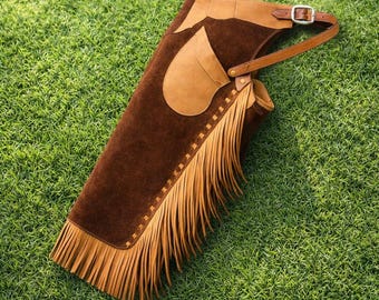 Western Suede Leather Chaps Brown Fringe Cowboy Riding Biker Gear